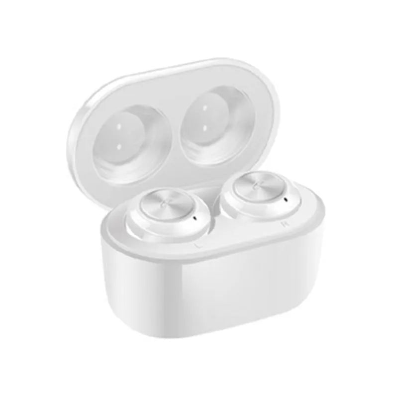 Black and white A6 TWS Bluetooth headphones with noise cancelling and earplug design