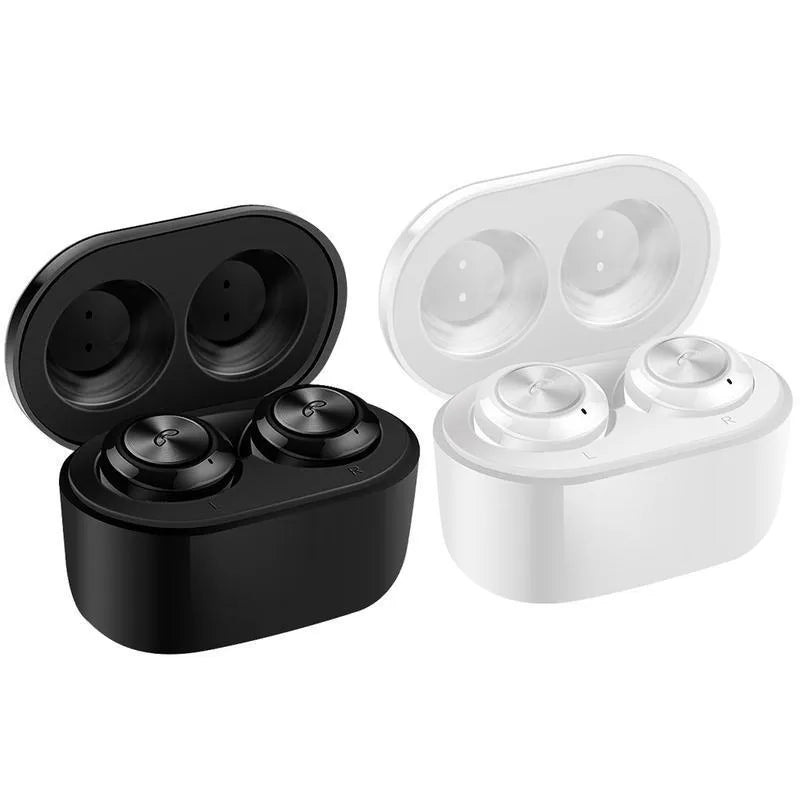 Black and white A6 TWS Bluetooth headphones with noise cancelling and earplug design