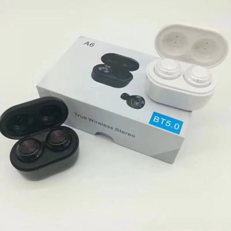 Black and white A6 TWS Bluetooth headphones with noise cancelling and earplug design