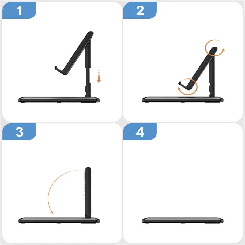 Retractable mobile phone desktop stand in black colour, folded and placed on a desk