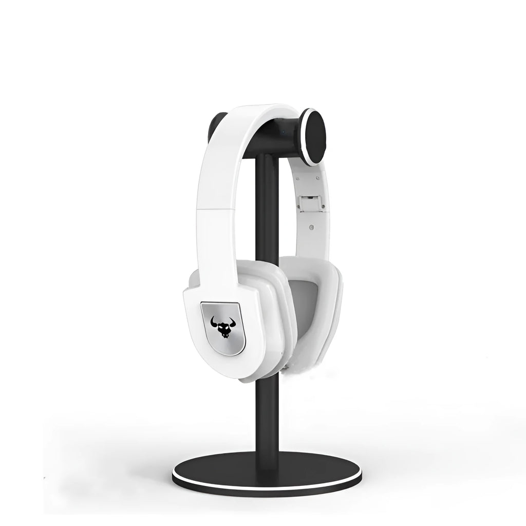 Aluminum alloy black headset bracket storage rack on desk holding a gaming headset