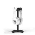 Aluminum alloy black headset bracket storage rack on desk holding a gaming headset