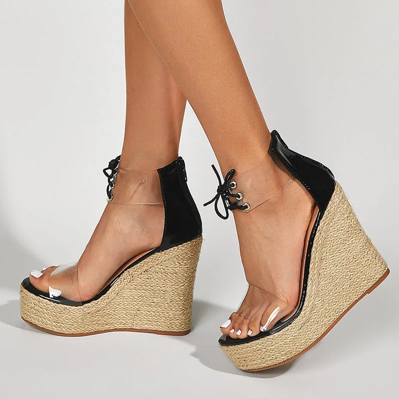 Women's black hemp rope wedge sandals with front tie closure and super high platform heel