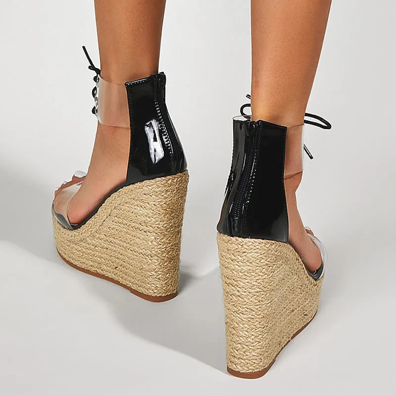 Women's black hemp rope wedge sandals with front tie closure and super high platform heel