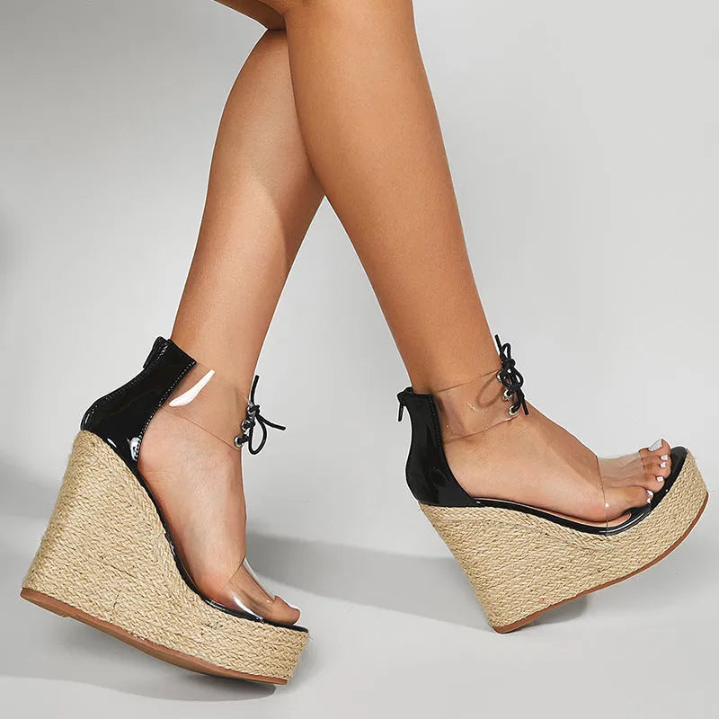 Women's black hemp rope wedge sandals with front tie closure and super high platform heel