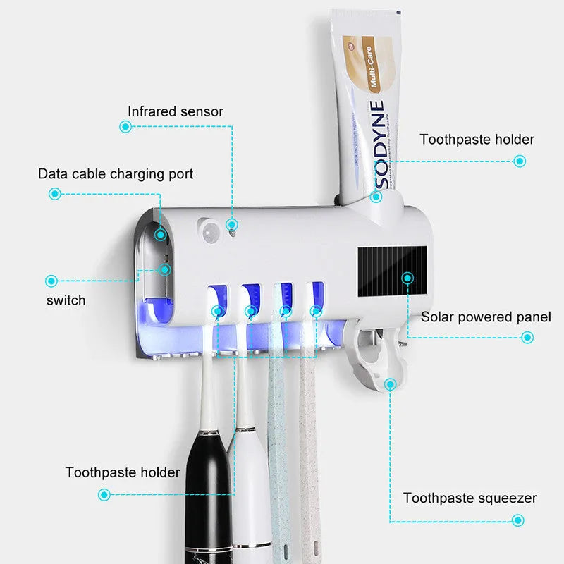 Wall-mounted UV toothbrush sterilizer with automatic toothpaste squeezer in black finish