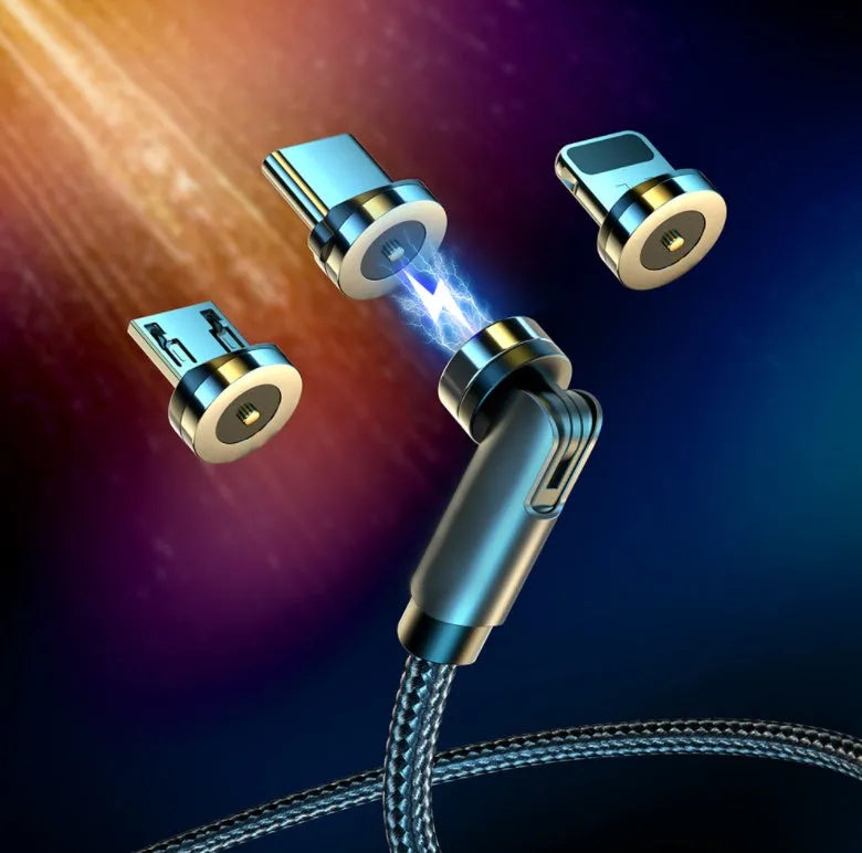 Essager black magnetic USB cable with rotating head and blue LED light, shown connecting to a phone.