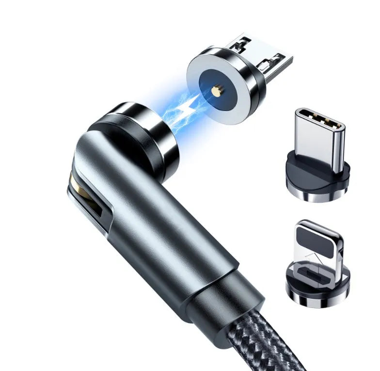 Essager black magnetic USB cable with rotating head and blue LED light, shown connecting to a phone.