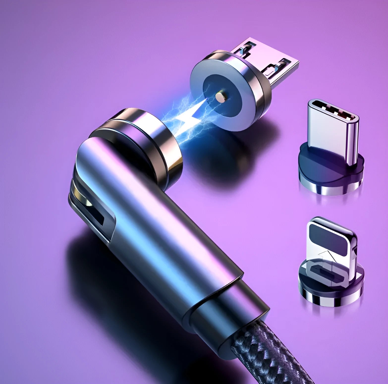 Essager black magnetic USB cable with rotating head and blue LED light, shown connecting to a phone.