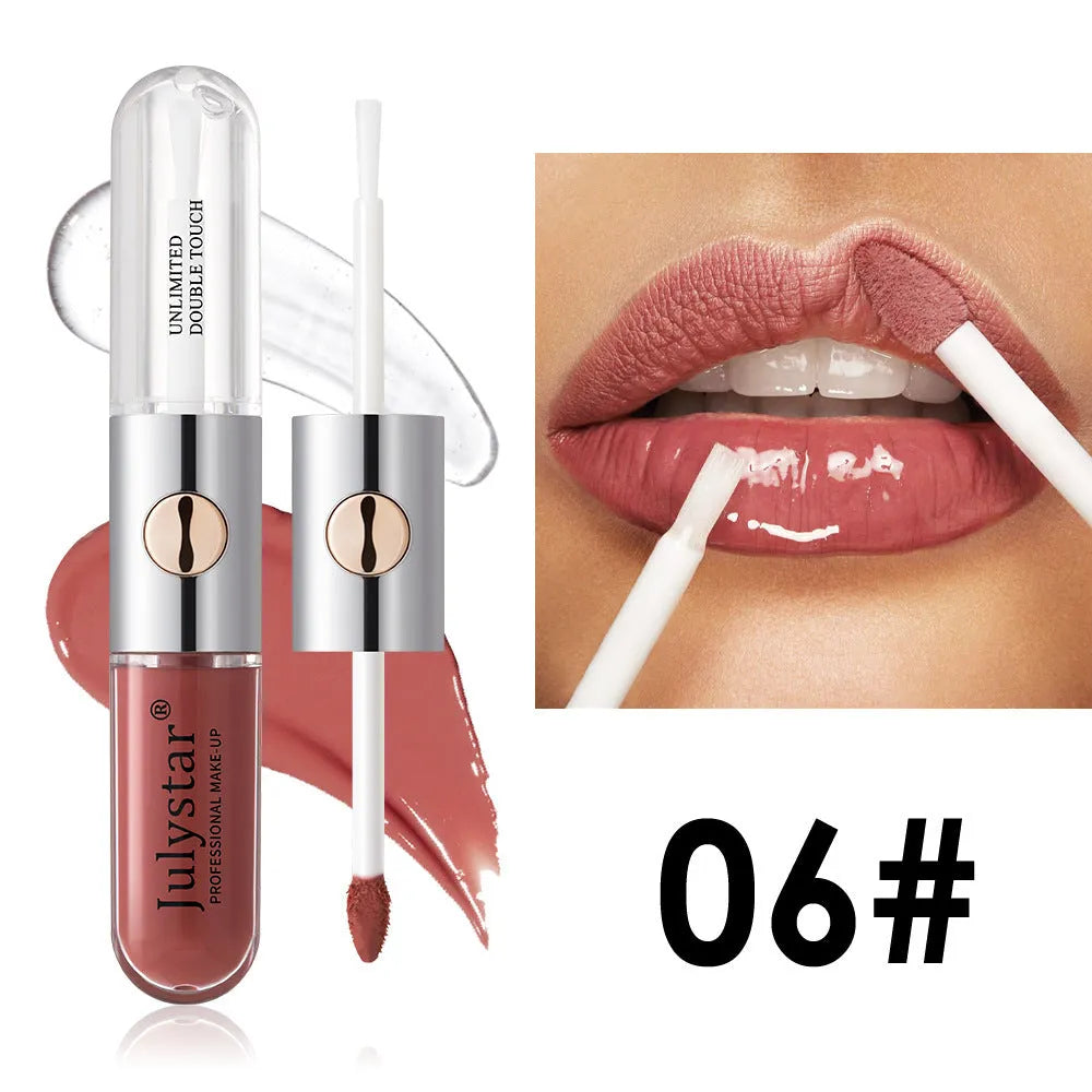 Women's lasting lip gloss tube showing available colours with 6ml moisturising formula