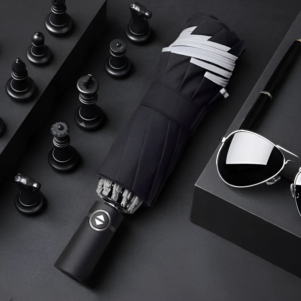 Black automatic reverse folding umbrella with reflective cloth, shown open and closed
