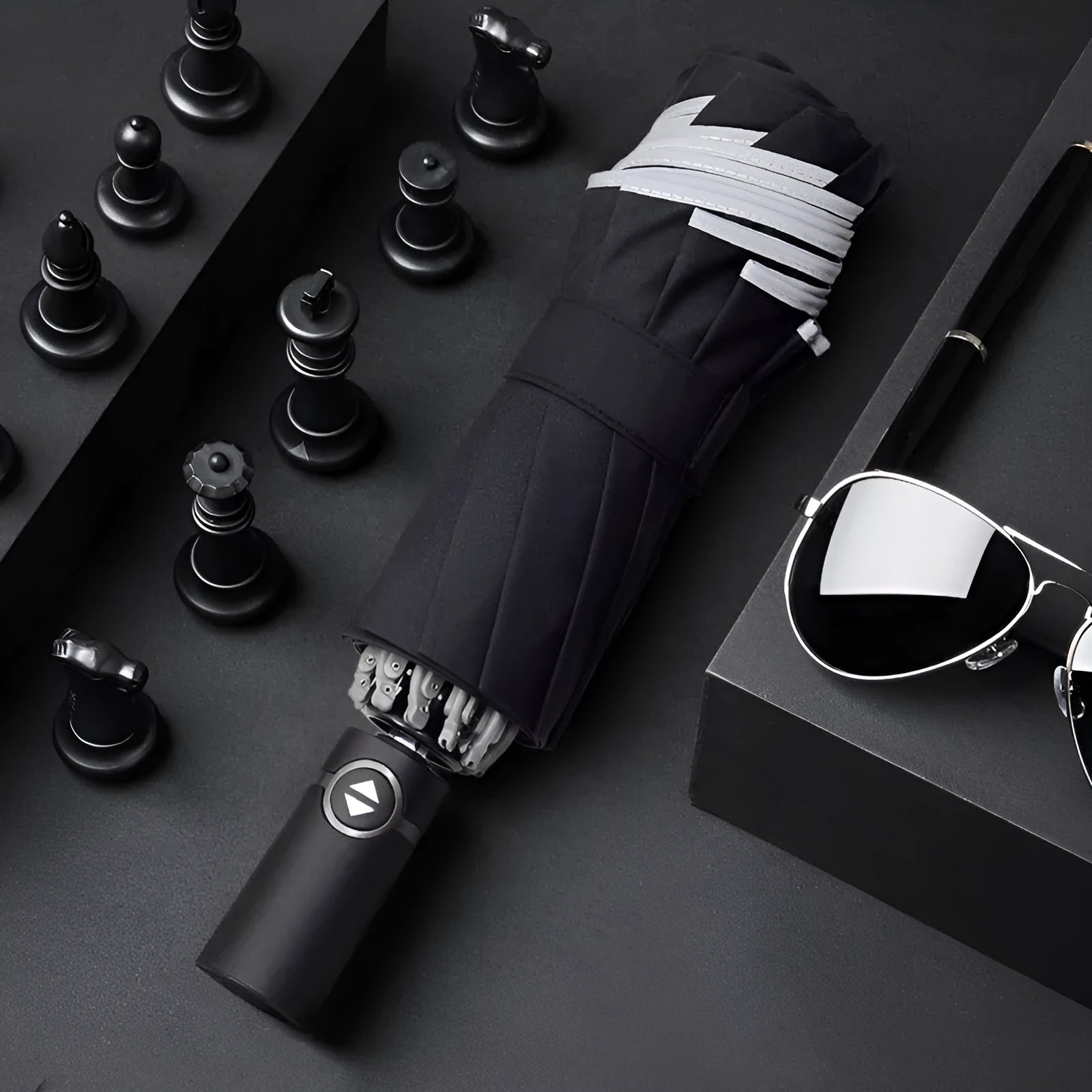 Black automatic reverse folding umbrella with reflective cloth, shown open and closed
