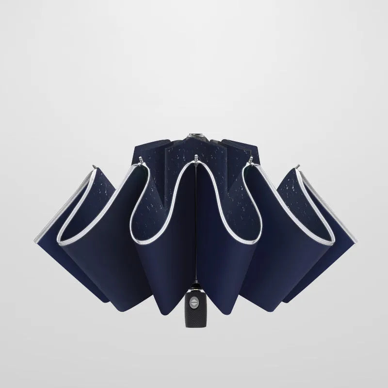 Black automatic reverse folding umbrella with reflective cloth, shown open and closed
