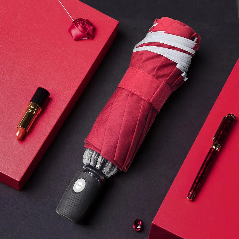 Black automatic reverse folding umbrella with reflective cloth, shown open and closed