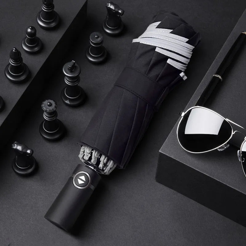 Black automatic reverse folding umbrella with reflective cloth, shown open and closed
