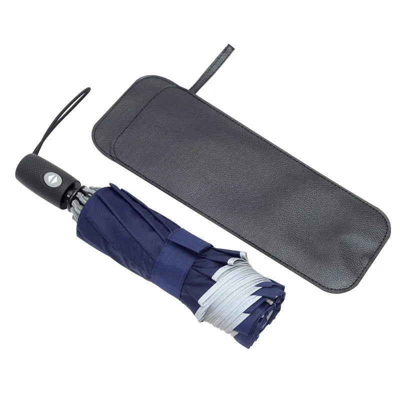 Black automatic reverse folding umbrella with reflective cloth, shown open and closed