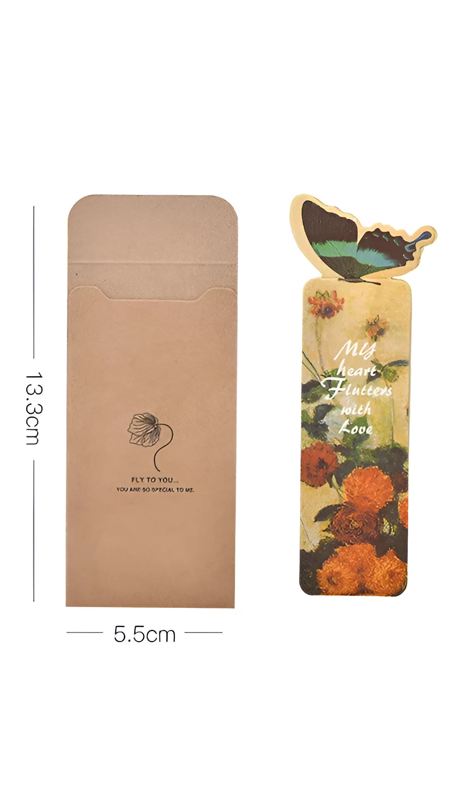 Butterfly-shaped paper bookmark with 13.5cm by 5.5cm dimensions for stationery and gifting