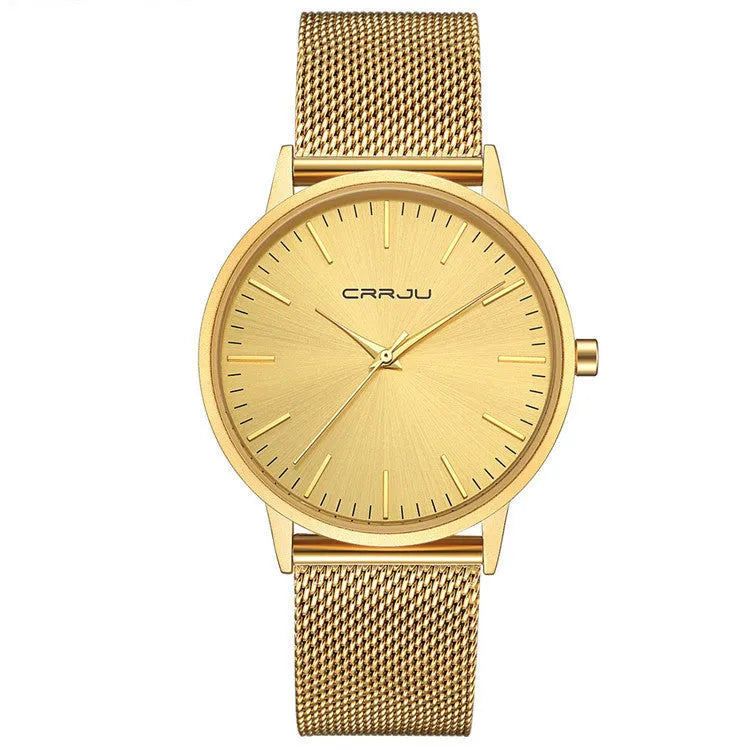 Casual quartz watch with alloy case showing multiple strap options including mesh black, gold, leather, and steel variations