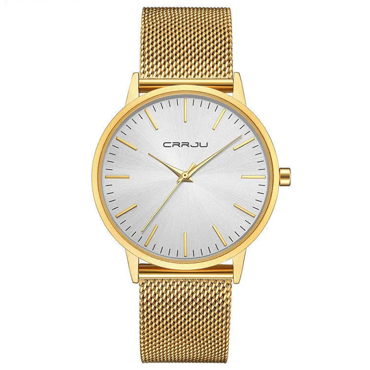 Casual quartz watch with alloy case showing multiple strap options including mesh black, gold, leather, and steel variations