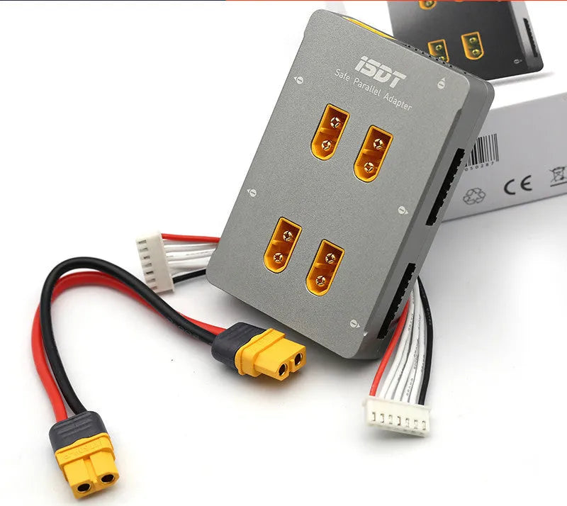 Grey anodised aluminium parallel charging board for Astor RC vehicle batteries with colour-coded ports