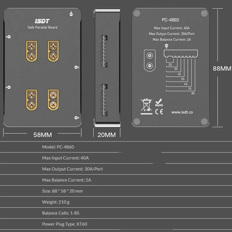 Grey anodised aluminium parallel charging board for Astor RC vehicle batteries with colour-coded ports