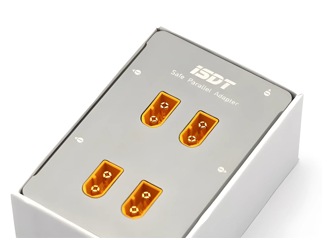 Grey anodised aluminium parallel charging board for Astor RC vehicle batteries with colour-coded ports