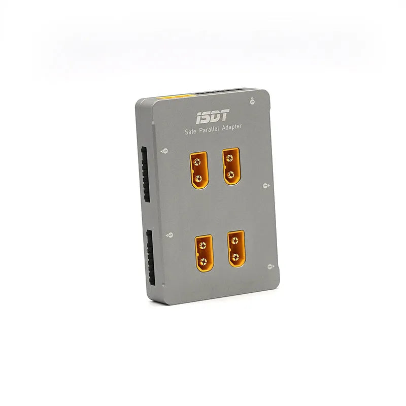 Grey anodised aluminium parallel charging board for Astor RC vehicle batteries with colour-coded ports