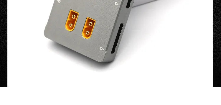 Grey anodised aluminium parallel charging board for Astor RC vehicle batteries with colour-coded ports
