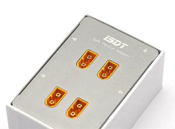 Grey anodised aluminium parallel charging board for Astor RC vehicle batteries with colour-coded ports