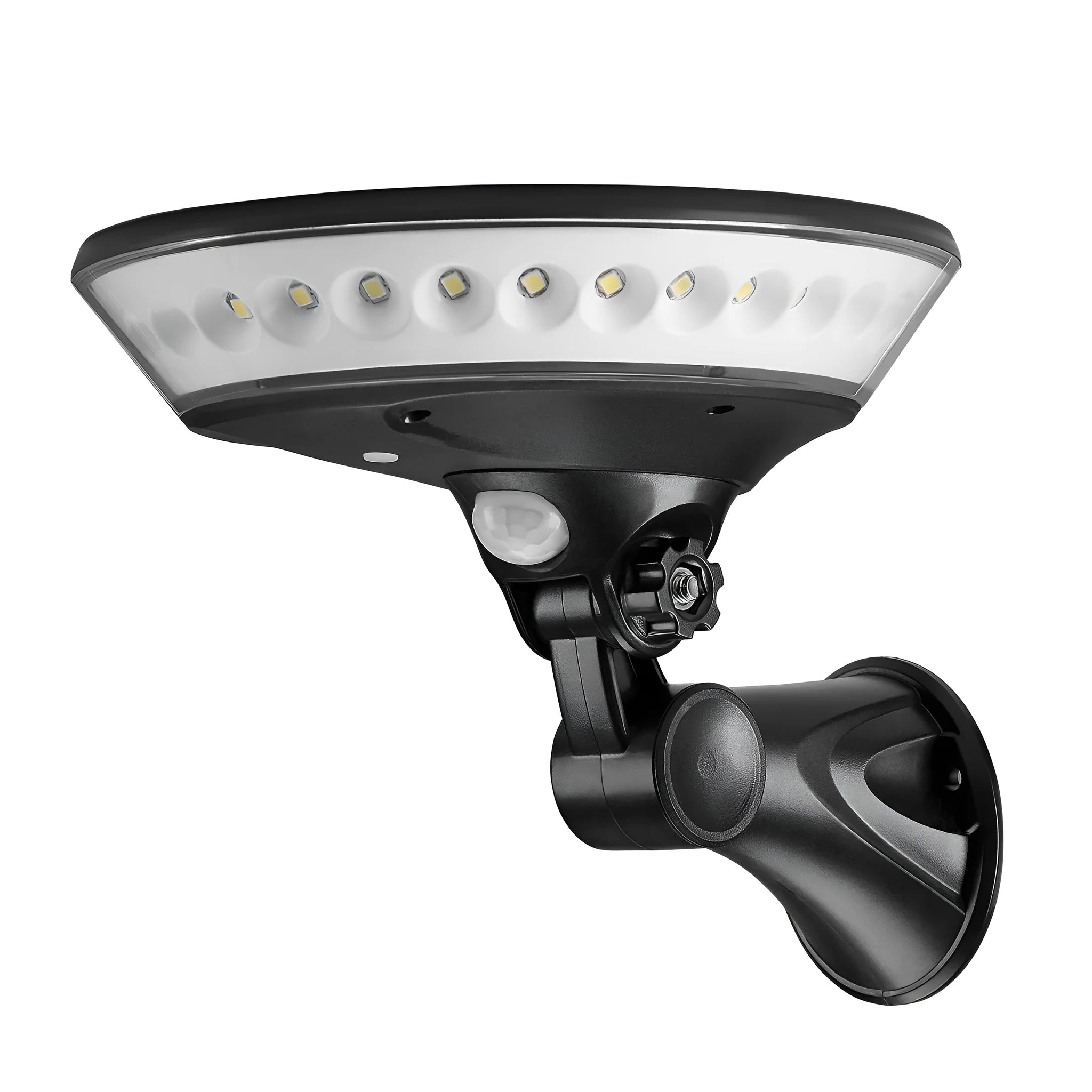 White 360-degree solar garden light with integrated solar panel on top