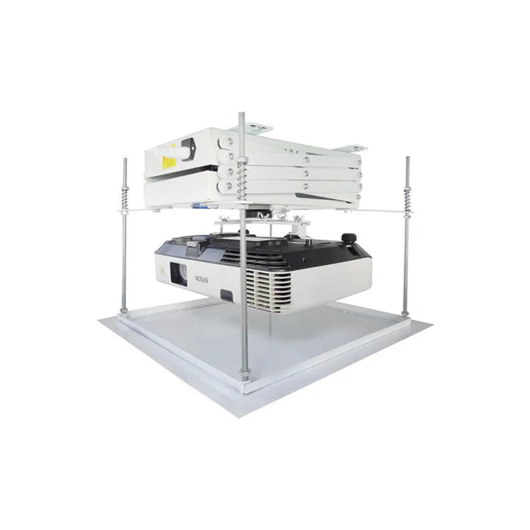Electric ceiling lifting hanger for projectors with ultra-thin chassis and wireless remote.