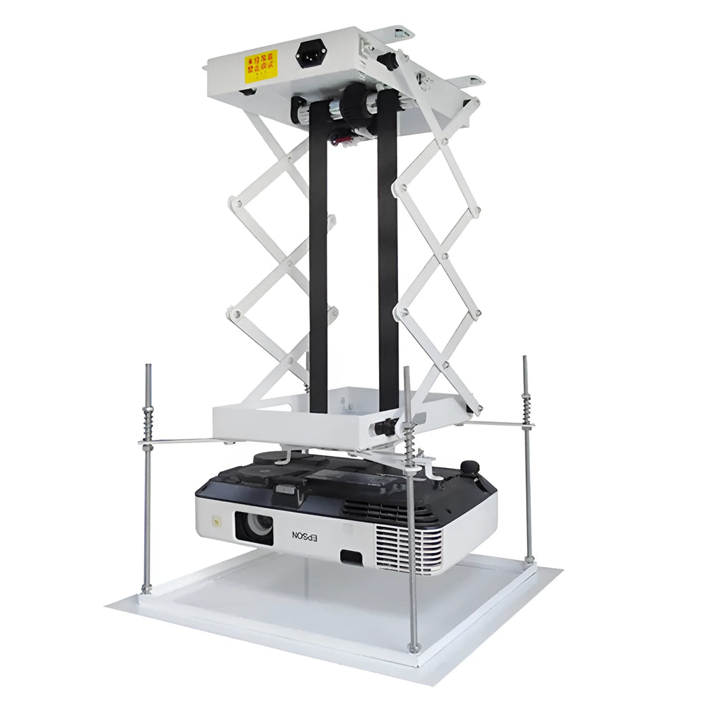 Electric ceiling lifting hanger for projectors with ultra-thin chassis and wireless remote.