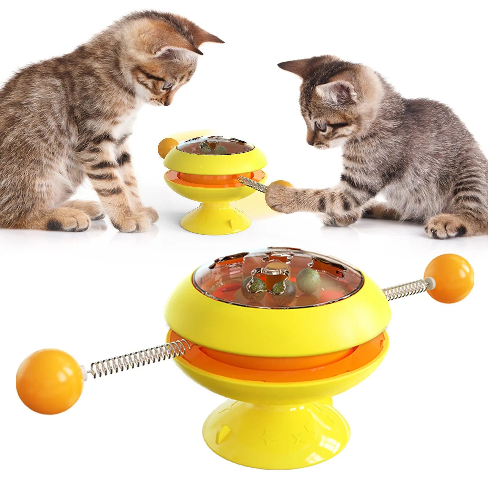 Interactive rotating cat toy with catnip balls and a large suction cup base in multiple colours.