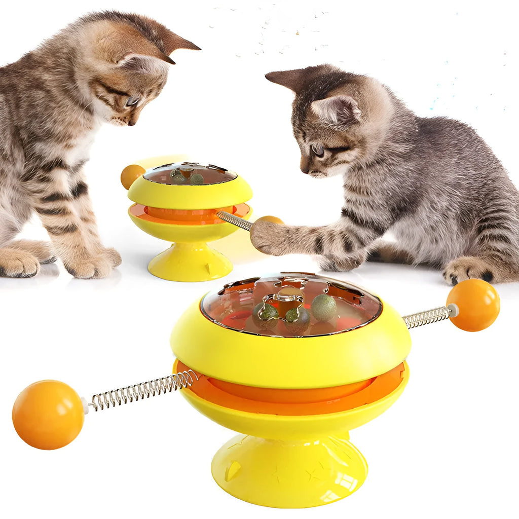 Interactive rotating cat toy with catnip balls and a large suction cup base in multiple colours.