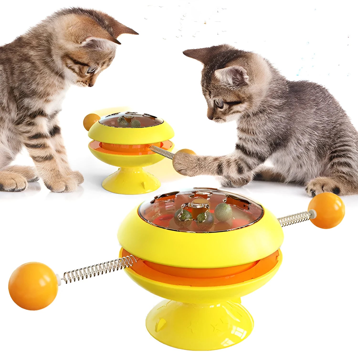 Interactive rotating cat toy with catnip balls and a large suction cup base in multiple colours.