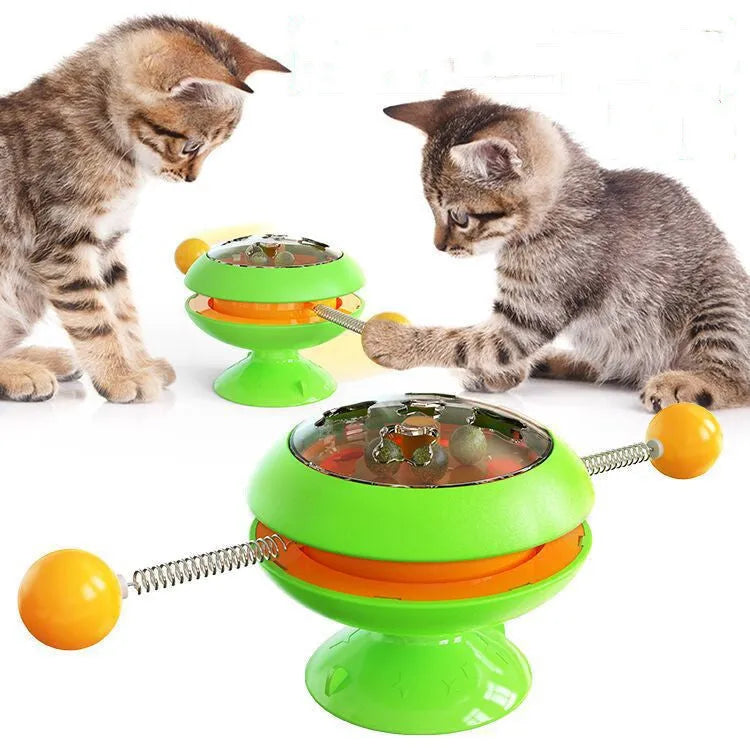 Interactive rotating cat toy with catnip balls and a large suction cup base in multiple colours.