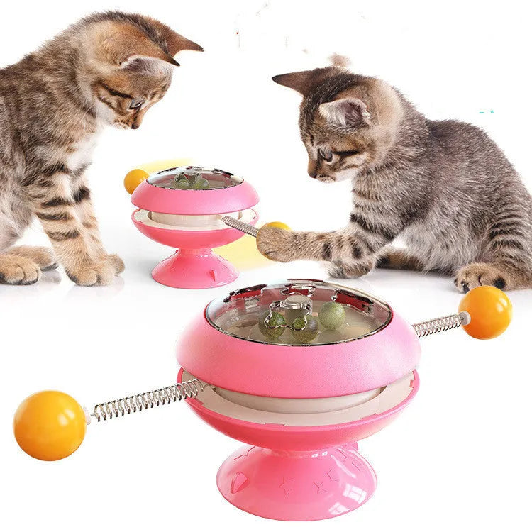 Interactive rotating cat toy with catnip balls and a large suction cup base in multiple colours.