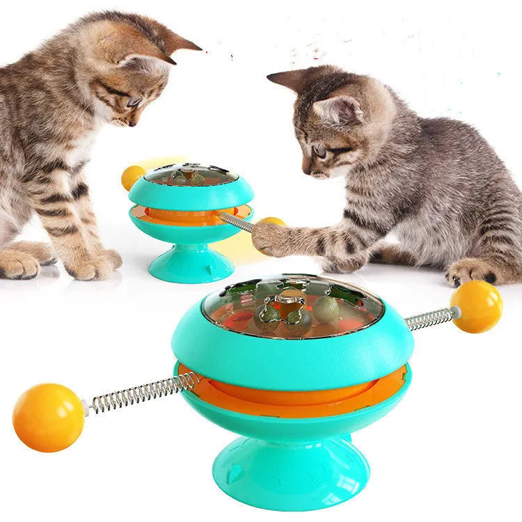 Interactive rotating cat toy with catnip balls and a large suction cup base in multiple colours.
