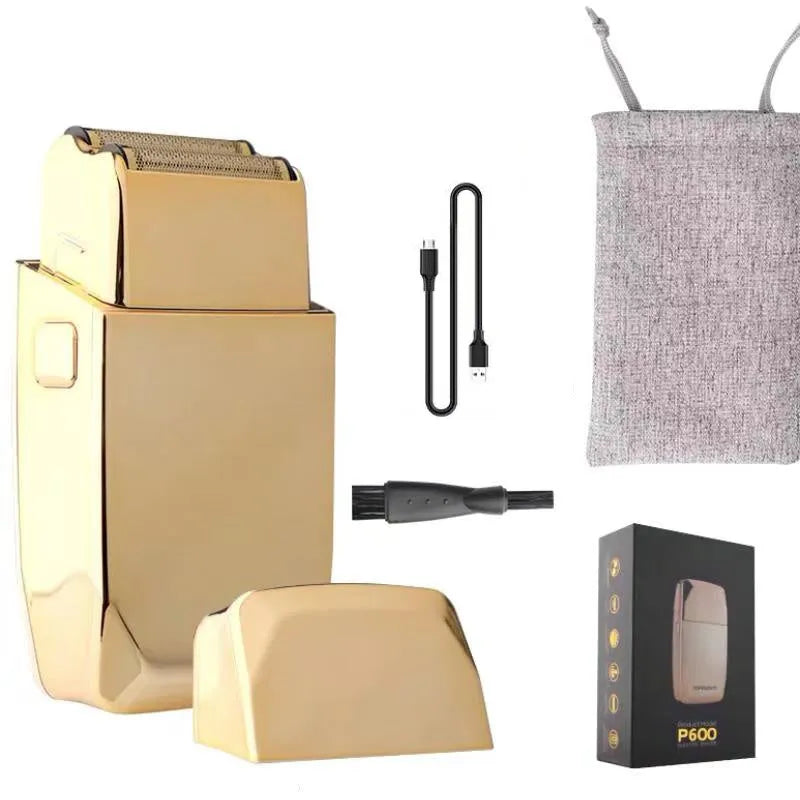 Gold-coloured cordless hair clippers with dual power supply system