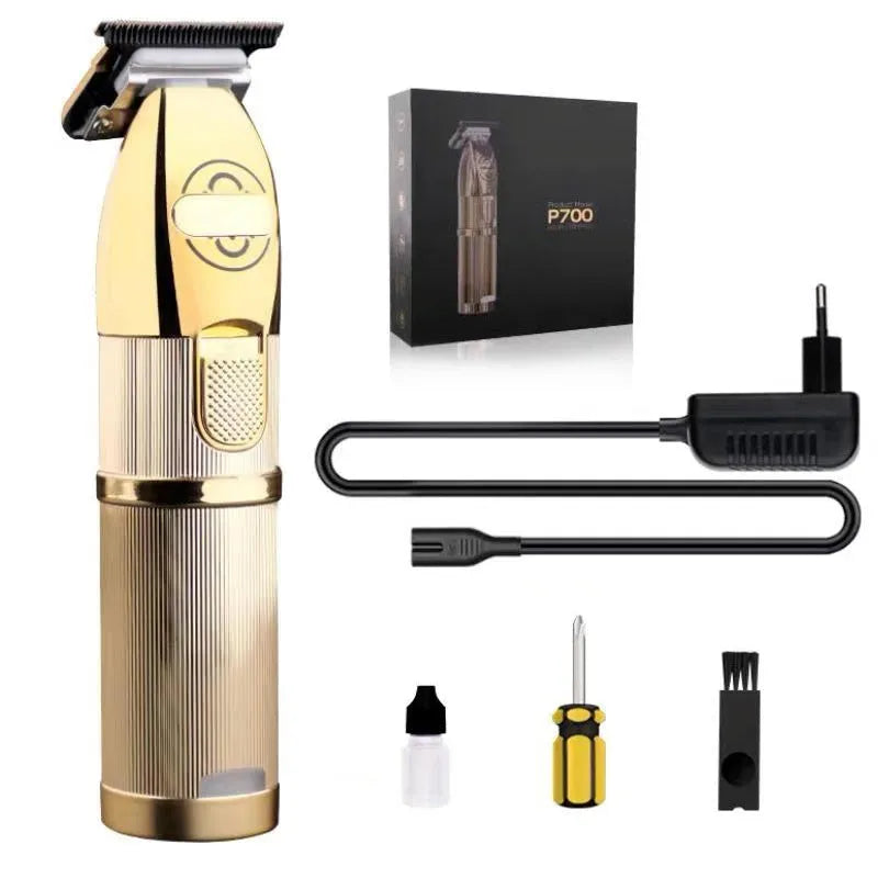 Gold-coloured cordless hair clippers with dual power supply system