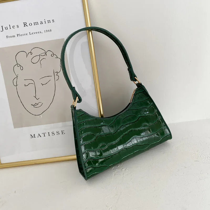 Women's small square underarm bag in PU leather, shown in multiple colour options including leopard print.