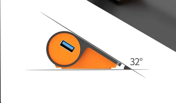 Dark grey aluminium USB hub with orange accents showing four USB 3.1 ports and separate power supply