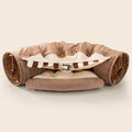 Collapsible cloth cat tunnel toy in pink, shown folded flat and opened for play