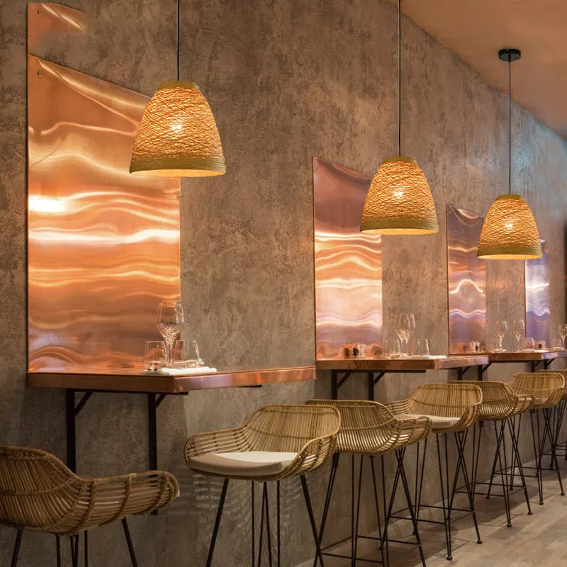 Rattan woven ball pendant lamp with adjustable suspension in natural woven texture