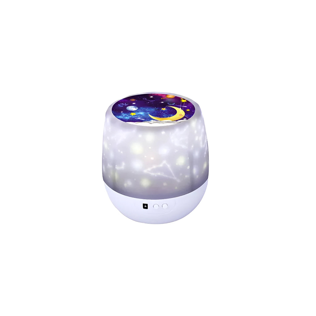 Projector night light displaying rotating star and moon patterns on a bedroom wall