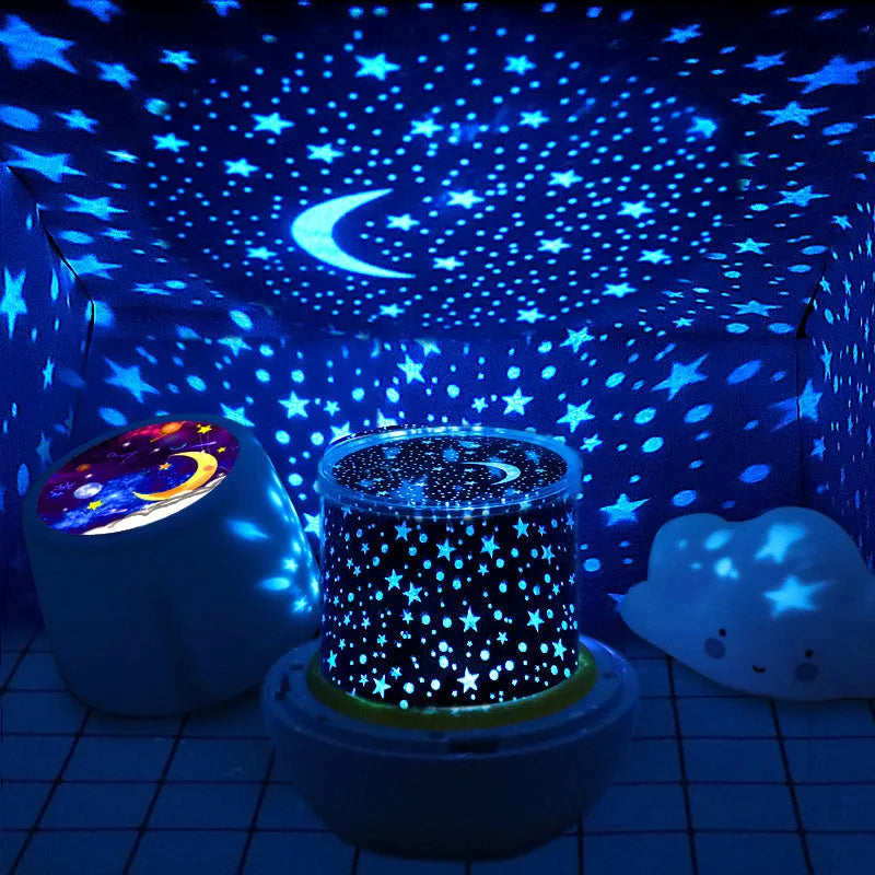Projector night light displaying rotating star and moon patterns on a bedroom wall