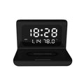 Black wireless charger alarm clock showing time, date, temperature and humidity on display with phone charging