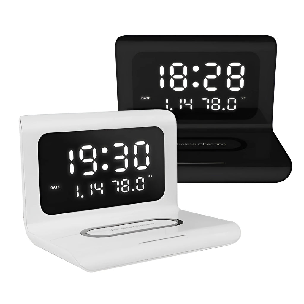 Black wireless charger alarm clock showing time, date, temperature and humidity on display with phone charging