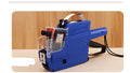 Manual supermarket price coding machine in blue, red, or yellow with roller and paper rolls.