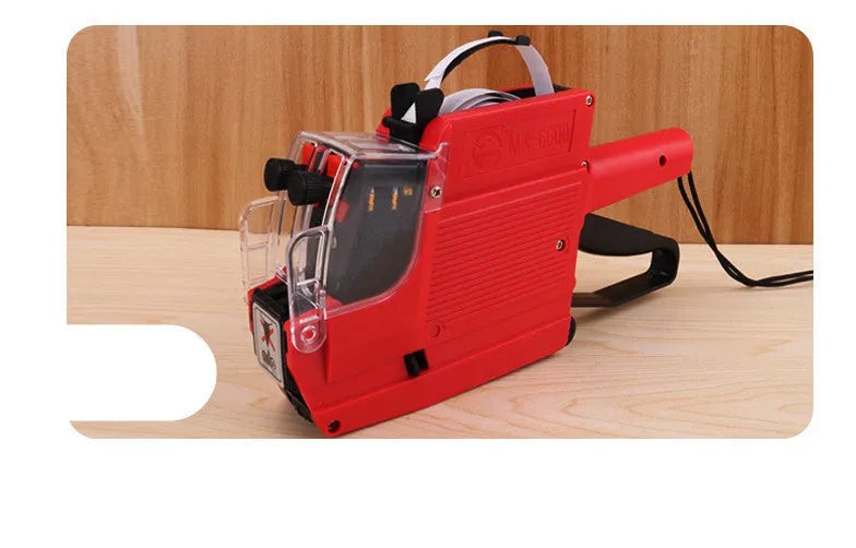 Manual supermarket price coding machine in blue, red, or yellow with roller and paper rolls.